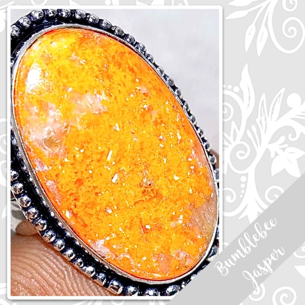 Bumblebee Jasper Large Silver Artisan Ring, Size 7 Yellow / Gold, Yellow-Orange - Picture 2 of 2